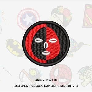Könnte beinhalten: Ein rundes Stickmuster in Rot und Schwarz mit einem stilisierten Gesicht. Das Design hat einen Durchmesser von 2 Zoll. Die enthaltenen Dateiformate sind DST, PES, PCS, XXX, EXP, JEF, HUS, TO1 und VP3.