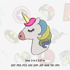 May include: Embroidered unicorn head with a yellow horn, pink mane, and rainbow-colored hair. The design measures 2 inches by 2.57 inches. Additional designs of superheroes and other characters are in the background.