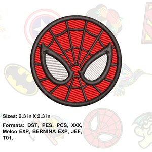Könnte beinhalten: Ein runder, rot-schwarzer gestickter Aufnäher mit dem Design der Spider-Man-Maske. Der Aufnäher ist 5,8 cm x 5,8 cm groß. Das Design umfasst ein rotes Netzmuster und weiße Augenformen. Weitere Designs mit Superhelden sind im Hintergrund.