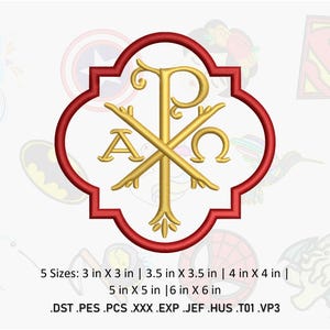 May include: A gold-colored Chi Rho symbol, framed in a red quatrefoil shape. The symbol includes the Greek letters Chi, Rho, Alpha, and Omega. The image includes text indicating available sizes.