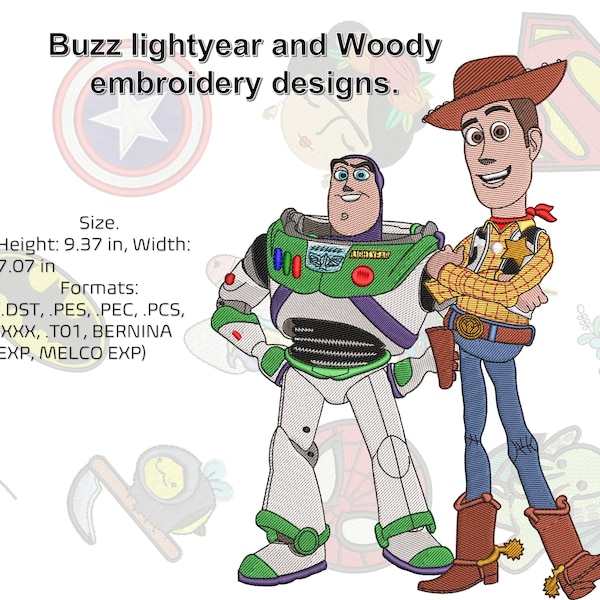 Buzz Lightyear y Woody diseño de bordado a maquina. Toy Story, Ponchado, Matriz 9.37 in X 7.0 in