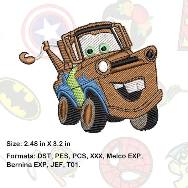 Tow Mater Machine Embroidery Design. 2.48 in x 3.2 in. Cars Movie Embroidery Design.