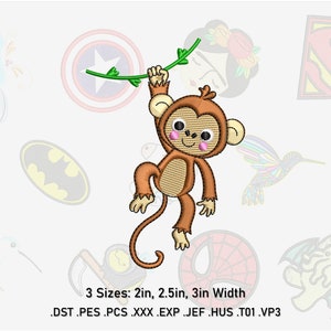 May include: Embroidered design of a cartoon monkey hanging from a green branch. The monkey is brown with a tan belly, pink cheeks, and a smiling face. The design is available in three sizes: 2, 2.5, and 3 inches wide.