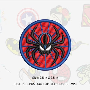 May include: Embroidered patch featuring a black spider design with white accents, set against a red web pattern within a blue circular border. The patch measures 2.5 x 2.5 inches.