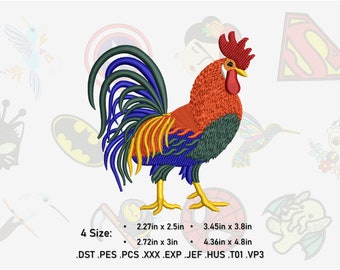 May include: A colorful rooster embroidery design with green, blue, yellow, and red colors. The design is available in four sizes: 2.27 inches by 2.5 inches, 2.72 inches by 3 inches, 3.45 inches by 3.8 inches, and 4.36 inches by 4.8 inches. The file formats included are DST, PES, PCS, XXX, EXP, JEF, HUS, T01, and VP3.