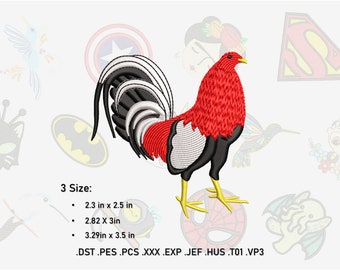 May include: Embroidered design of a red, black, and white rooster with a large tail. The design is available in three sizes: 2.3 inches by 2.5 inches, 2.82 inches by 3 inches, and 3.29 inches by 3.5 inches. The file formats available are DST, PES, PCS, XXX, EXP, JEF, HUS, T01, and VP3.