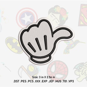 Può includere: Una mano di cartone animato bianca con contorni neri che punta a sinistra. La mano è larga 3 pollici e alta 2,56 pollici. L'immagine include i formati di file disponibili per il download: DST, PES, PCS, XXX, EXP, JEF, HUS, TOI, VP3.