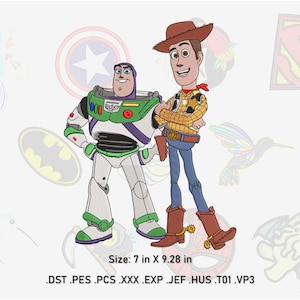 Buzz/Woo-dy diseño de bordado a maquina. Toy Story, Ponchado, Matriz 9.37 in X 7.0 in