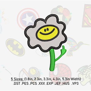 Op de afbeelding: Een witte bloem met een geel smiley-gezicht en een groene steel die de middelvinger opsteekt. De bloem is 13,5 cm breed.