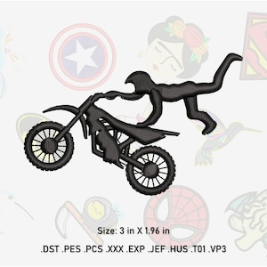 May include: Black and white embroidery design of a person performing a motocross stunt on a dirt bike. The design is 3 inches wide by 1.96 inches tall.  The design is available in the following formats: DST, PES, PCS, XXX, EXP, JEF, HUS, TO1, VP3.