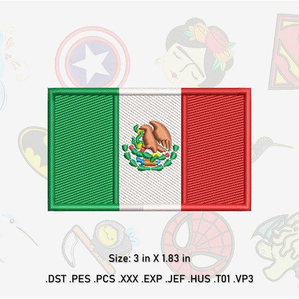 Mexican Flag Machine Embroidery Design. 3in X 1.83in