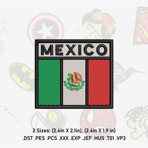 May include: Embroidered patch featuring the Mexican flag with the words "MEXICO" above it. The flag is green, white, and red with the Mexican coat of arms in the center. The patch is 2.4 inches by 2.1 inches or 2.4 inches by 1.9 inches.