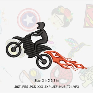 May include: A black silhouette of a dirt bike rider with flames coming from the exhaust. The rider is wearing a helmet and is in mid-air. The image is 2 inches by 3.3 inches.  .DST .PES .PCS .XXX .EXP .JEF .HUS .TO1 .VP3