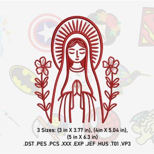 Diseño de bordado a máquina de la Virgen de Guadalupe. Diseño de bordado religioso. Diseño de bordado de la Virgen de Guadalupe. 3 tamaños.
