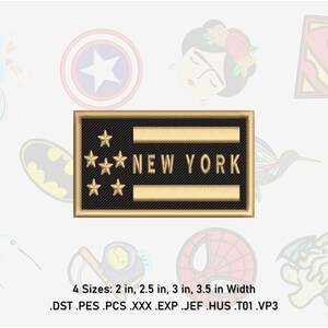 May include: Embroidered patch with a gold outline and black background. The patch features a stylised American flag with five stars and the text "NEW YORK".