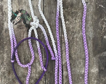 Könnte beinhalten: Ein geflochtenes Halfter aus lila und weißem Seil mit einem Einhorn-Design. Das Seil ist mit einem weißen und lila Ombre-Effekt geflochten.