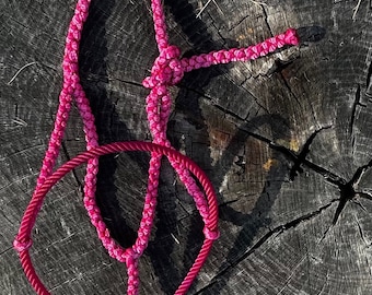 Könnte beinhalten: Ein pinkfarbenes geflochtenes Seilhalfter für Pferde. Das Halfter besteht aus einem weichen, geflochtenen Seil und hat ein einzigartiges Design.