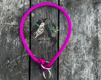 Könnte beinhalten: Ein leuchtend pinkfarbenes Hundekollier aus Seil mit einem silbernen D-Ring aus Metall. Das Halsband liegt auf einer Holzoberfläche.
