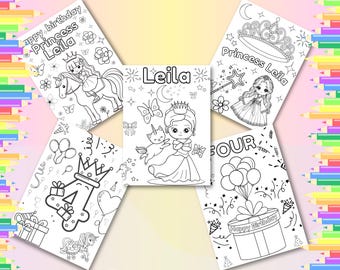 5 pagine da colorare personalizzate con principesse – Regalo di compleanno per bambini con nome ed età