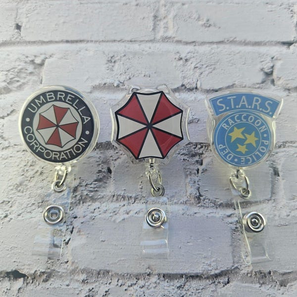 Resident Evil badge reel, 360 rotating alligator clip or belt clip