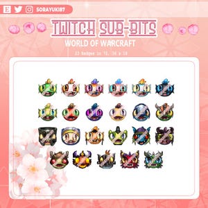 Puede incluir: Gráfico digital con 23 insignias de Twitch sub-bit para World of Warcraft. Las insignias son criaturas de dibujos animados coloridas con varios diseños. Incluye el texto "TWITCH SUB-BITS" y "WORLD OF WARCRAFT".