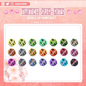 Puede incluir: Un gráfico digital con 21 insignias de sub-bits de Twitch coloridas para World of Warcraft. Las insignias son circulares con un diseño estilizado de 'W' y el texto 'SORAYUKI87'. El fondo es rosa y blanco con el texto 'TWITCH SUB-BITS'.