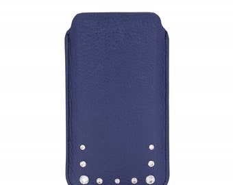 Luxury Genuine Cow Leather Swarovski Crystal Phone Sleeve | Blue | iPhone Pouch Case | Card Slot | Microfiber Inner Lining | Perfect Gift