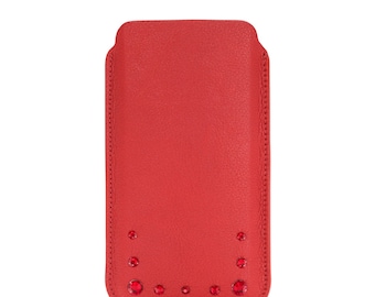 Luxury Genuine Cow Leather Swarovski Crystal Phone Sleeve | Red | iPhone Pouch Case | Card Slot | Microfiber Inner Lining | Perfect Gift