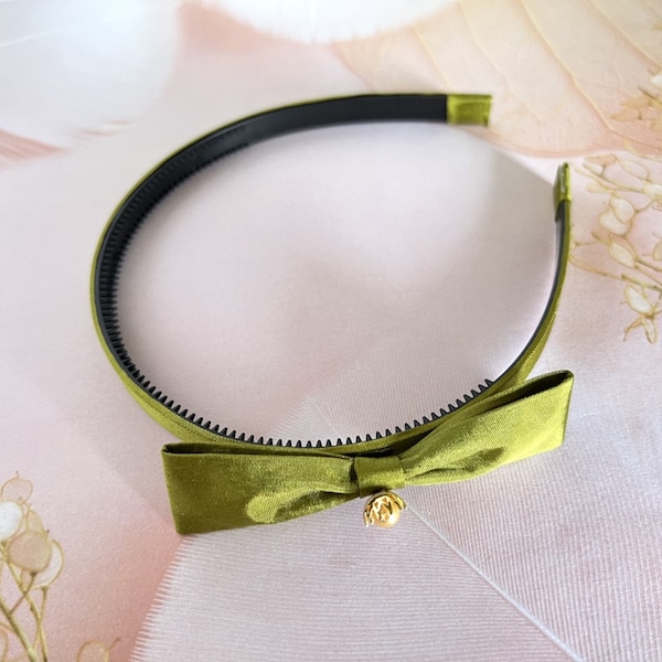 Olive Natural Silk Bow Headband with Swarovski Pearl | Real 18K Gold Finish Brass Pearl Setting | ABS Plastic With Teeth Comb