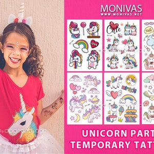 Pegatinas de arte corporal para niños con tatuaje temporal de fiesta de cumpleaños con temática de unicornio (6 uds)