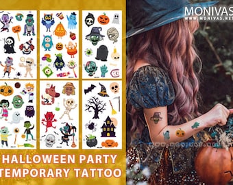 May include: A sheet of Halloween temporary tattoos featuring a variety of spooky and fun designs, including ghosts, pumpkins, bats, skeletons, and monsters. The tattoos are printed on a white background and are ready to be applied to skin.
