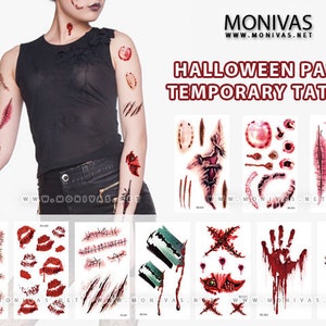 Autocollants de tatouage temporaires pour fête d&#39;Halloween sanglants, cicatrices, blessures, art corporel (10 pièces)