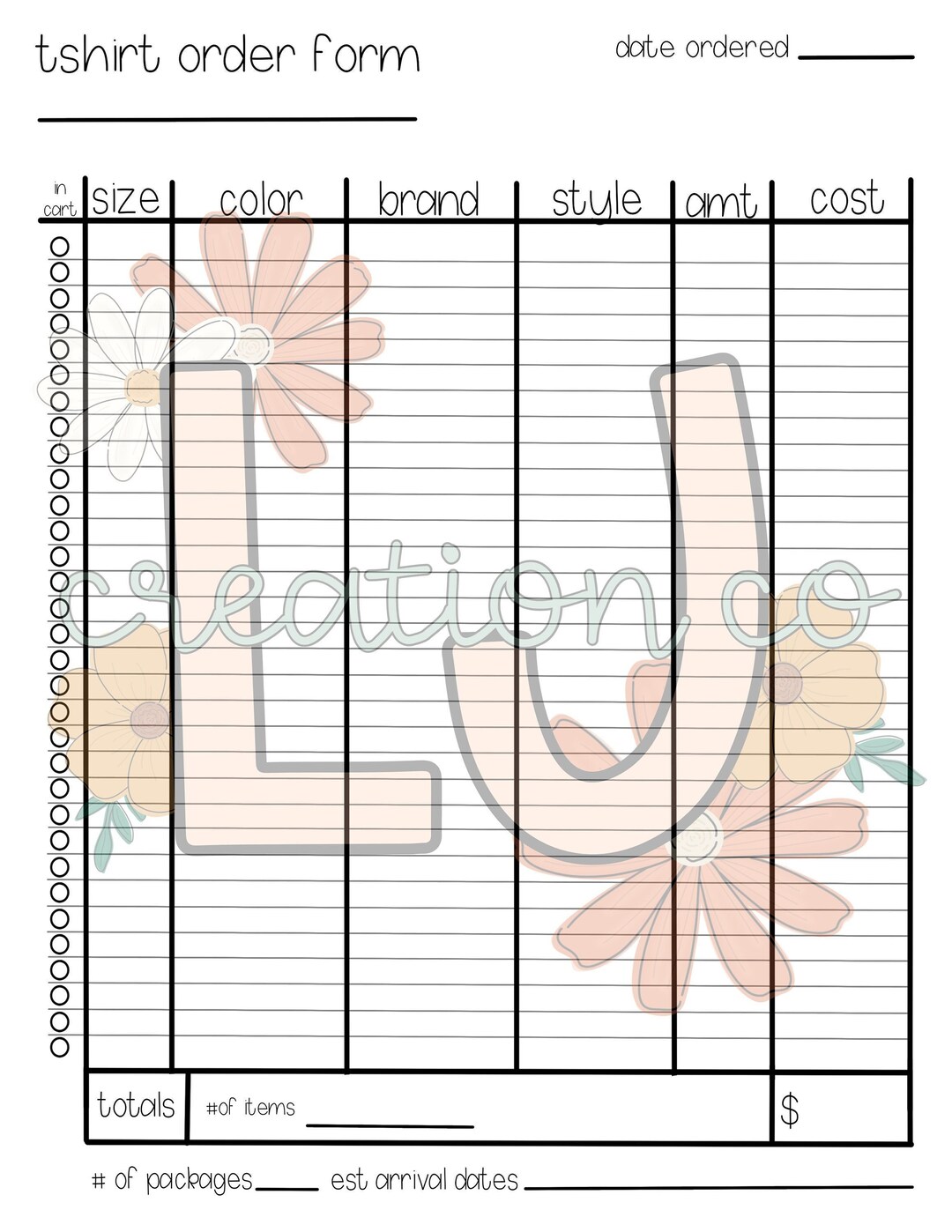 Small Business Shirt Tracker Order Form. Digital Download. Small ...