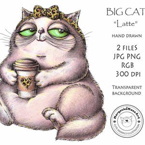 Gato grande Latte Café Animais fofos Gatos Animais de estimação Ilustração digital Imagem para impressão Cartão postal Desenhado à mão Cartão Ucrânia