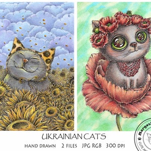 Ukrainian cats Cute Animals Pets Digital image Ukraine Image for printing Hand drawn Postcard Card Wallpapers for smartphone