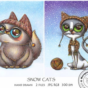 Chats des neiges Chat d'hiver Drôle Animaux mignons Animaux de compagnie Image numérique Carte postale dessinée à la main Image pour impression illustration Ukraine