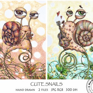 Escargots mignons Animaux drôles Animaux de compagnie Illustration numérique Image à imprimer Carte postale Carte Fonds d'écran pour smartphone Ukraine