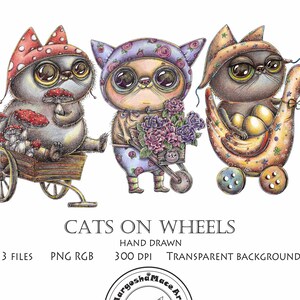 Gatos sobre rodas Aldeia Animais fofos Animais de estimação Ilustração digital Imagem para impressão Cartão postal Rosas Cogumelos Ovos Pato Jardineiro Ucrânia