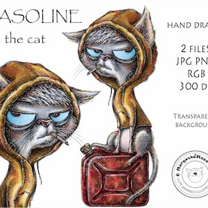 Gato Gasolina Animais fofos Animais de estimação Ilustração digital Imagem para impressão Cartão postal Cartão Ucrânia