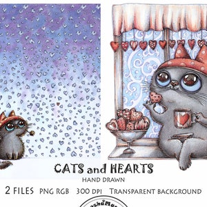 Katzen und Herzen Winter Schnee Liebe süsse Tiere Haustiere Digitale Illustration Bild für Druck Postkarte Karte Hand gezeichnet Ukraine