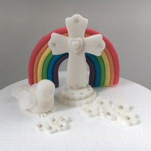 Fondant cake topper confirmation communion baptism doves flowers cross silver white or desired color cake decoration noble