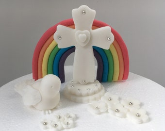 Fondant Caketopper Firmung Konfirmation Kommunion Taufe Tauben Blumen Kreuz Silber weiß oder Wunschfarbe Tortendekoration Edel