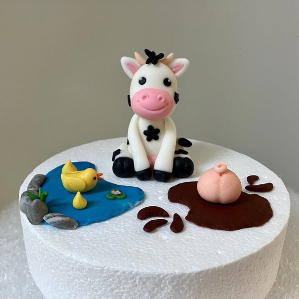 Fondant Caketopper Landleben Bauernhof Kuh Schweinepo Teich