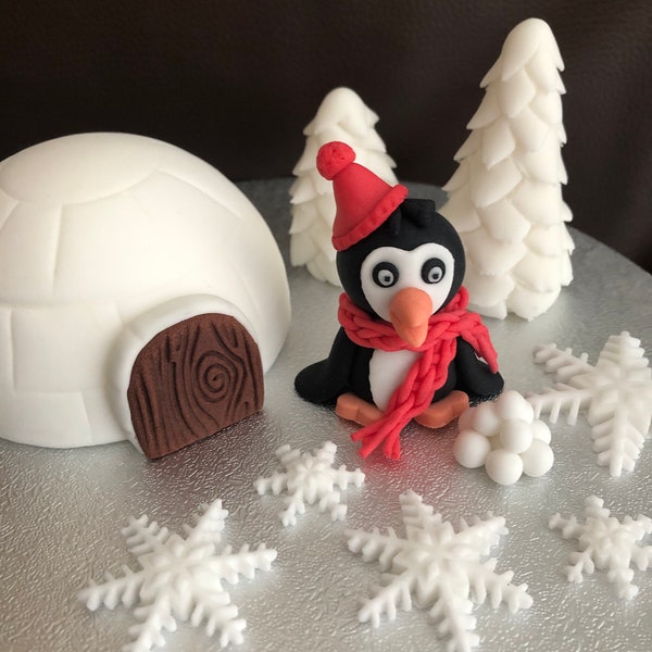 Fondant Caketopper Winterlandschaft Iglu Pinguin Schneeflocken Schnee Tannen Weihnachten Advent