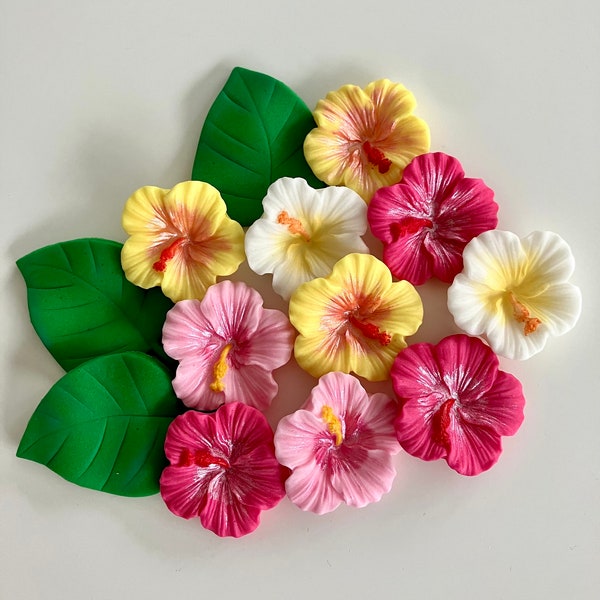 Exotische Blumen aus Fondant m. Blättern Blüten Hibiskus pink gelb weiß rosa o. Wunschfarbe Hawaii Caketopper Hochzeit Geburtstag Tortendeko