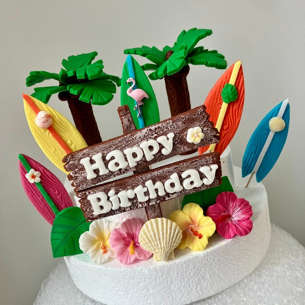 Hawaii Tortendeko aus Fondant für Südsee Feeling Palmen Muscheln Blumen Schild Surfbrett Karibik Caketopper Tortendekoration Cake Topper