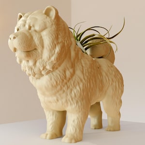 May include: A beige ceramic planter shaped like a Chow Chow dog with a green air plant growing out of the top.