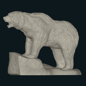 May include: A detailed 3D printed model of a bear standing on a rock, the bear is roaring with its mouth open and its teeth showing.