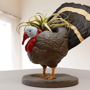 May include: A brown and black turkey figurine with a white and black tail feathers. The turkey has a red head and a blue face. A green plant is growing out of the turkey's back.