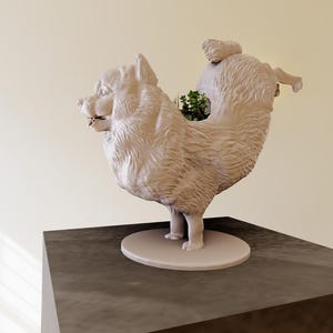 May include: A white ceramic sculpture of a dog standing on its hind legs with its head turned to the side. The dog's body is hollowed out to form a planter, and there are green plants growing inside.